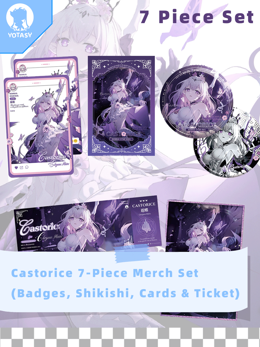 Castorice Merchandise Set - 7 Piece (Includes Photocard, Can Badges, Acrylic Clear Cards, Holo Ticket, Shikishi)