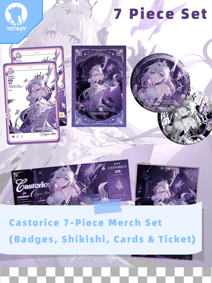 Castorice Merchandise Set - 7 Piece (Includes Photocard, Can Badges, Acrylic Clear Cards, Holo Ticket, Shikishi)